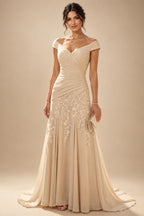 A Line V Neck Short Sleeve Chiffon Ruched Mother of the Bride Dresses with Sequin Embroidery (SHI22500231)
