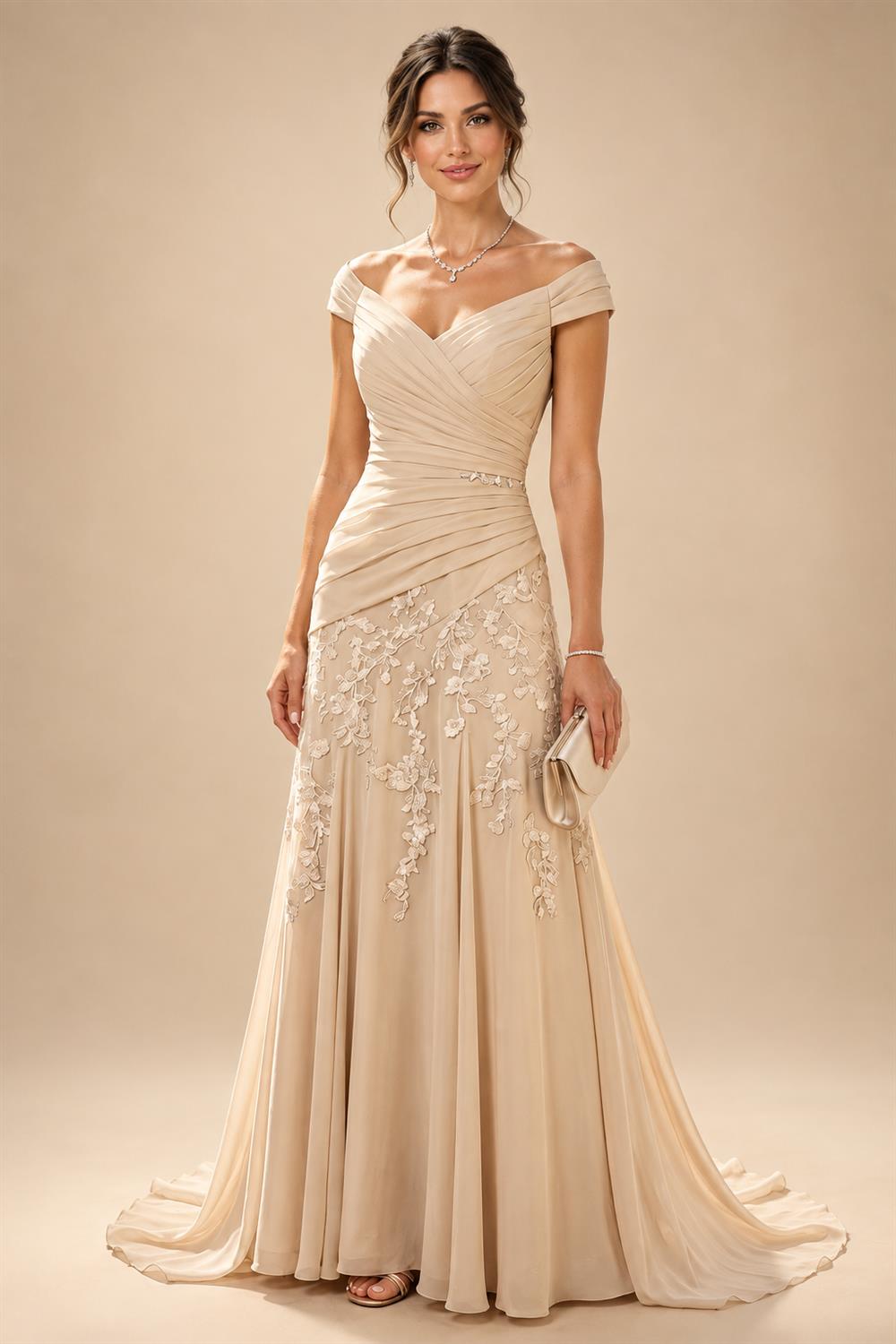 A-Line Chiffon Cape Sleeves Floor-Length Mother of the Bride & Groom Dresses with Ruched Waist (SHI22500705)