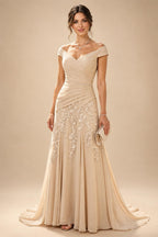 A-Line Chiffon Cape Sleeves Floor-Length Mother of the Bride & Groom Dresses with Ruched Waist (SHI22500705)