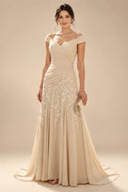 A-Line/Princess V-Neck Chiffon Maxi Mother of the Bride & Groom Dresses with Lace Appliques, Sweep Train, Ruffles, 3D Flowers & Ruched Waist (SHI22501653)