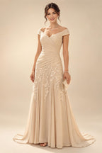 A-Line/Princess Off Shoulder Chiffon Floor-Length Mother of the Bride & Groom Dresses with Sequin, Lace Appliques & Pleats (SHI22501662)