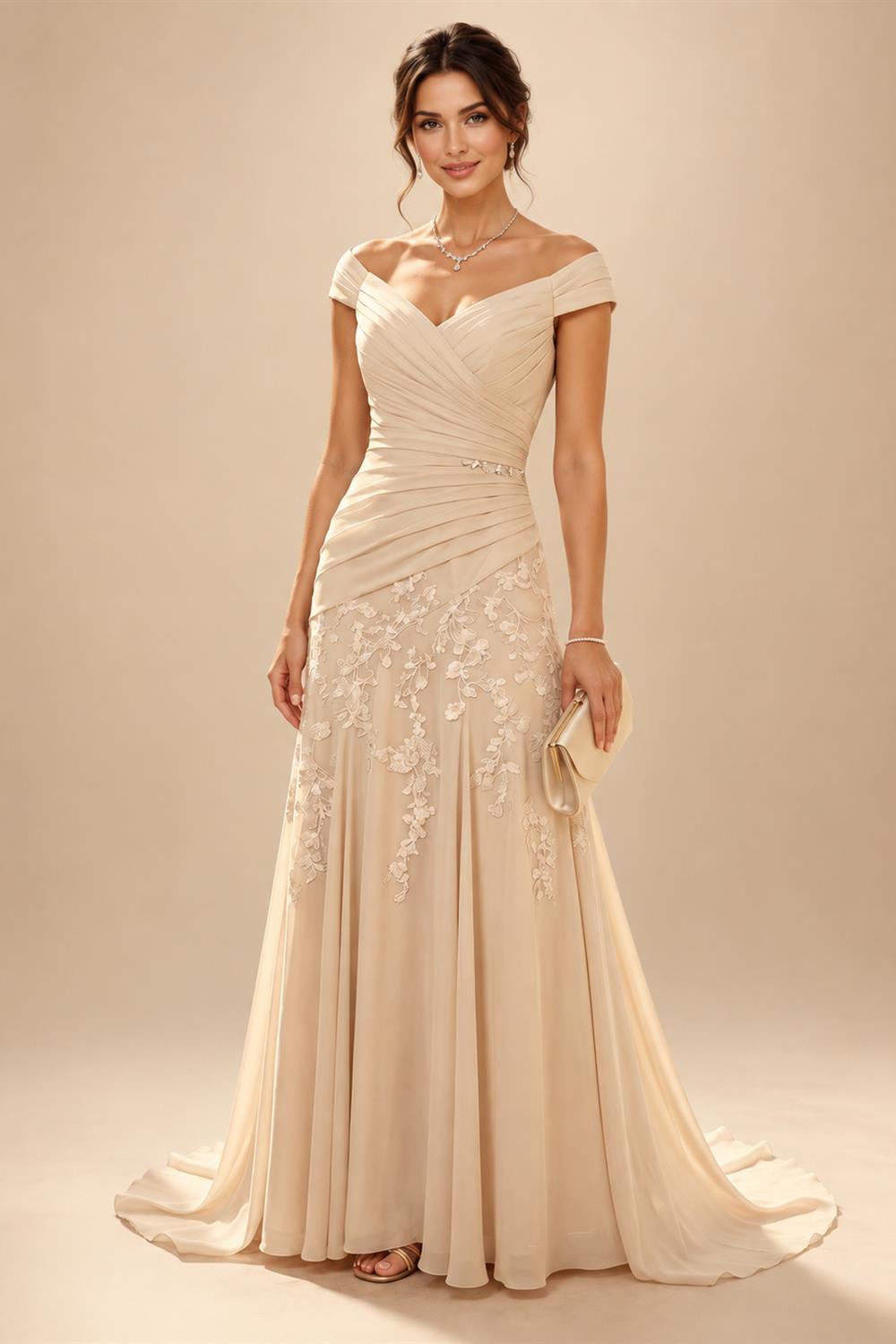 Cape Sleeve Jacquard Satin Ruched Mother of the Bride Dresses 2 Piece (SHI22500528)