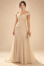 A-Line Chiffon V-Neck Short Sleeve Mother of the Bride Dresses Floor-Length with Sequin Appliques (SHI22500297)