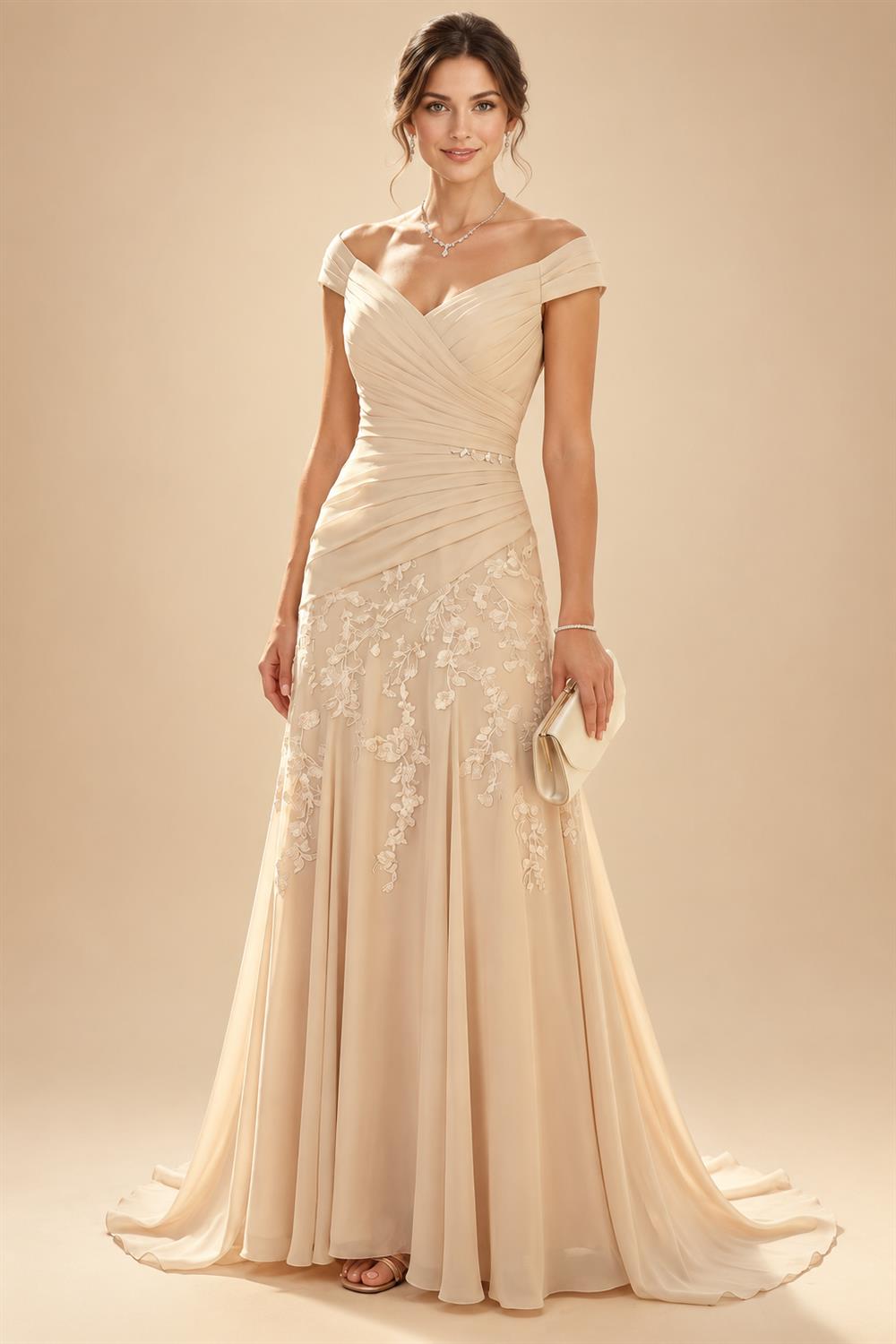 A-Line/Princess Scoop Neck Chiffon Maxi Mother of the Bride & Groom Dresses with 3D Flowers, Sweep Train & Pleats (SHI22501627)