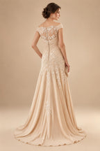 A-Line/Princess Scoop Neck Satin High-Low Mother of the Bride & Groom Dresses with Lace Appliques, Ruffles & Pleats (SHI22501633)