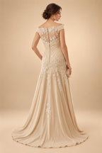 A-Line/Princess V-Neck Chiffon Maxi Mother of the Bride & Groom Dresses with Lace Appliques & Sweep Train (SHI22501644)