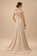 Sheath/Column Scoop Neck Chiffon Maxi Mother of the Bride & Groom Dresses with Lace Appliques, Sweep Train & Ruched Waist (SHI22501642)