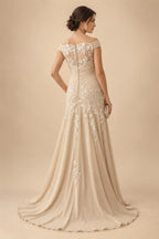 A-Line/Princess Off Shoulder Chiffon Maxi Mother of the Bride & Groom Dresses with Lace Appliques, Rhinestone & Pleats (SHI22501655)