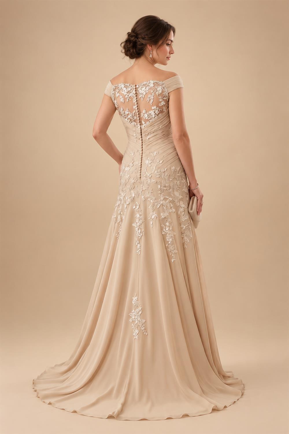 A-Line/Princess V-Neck Chiffon Maxi Mother of the Bride & Groom Dresses with Lace Appliques, Sweep Train & Bow (SHI22501641)