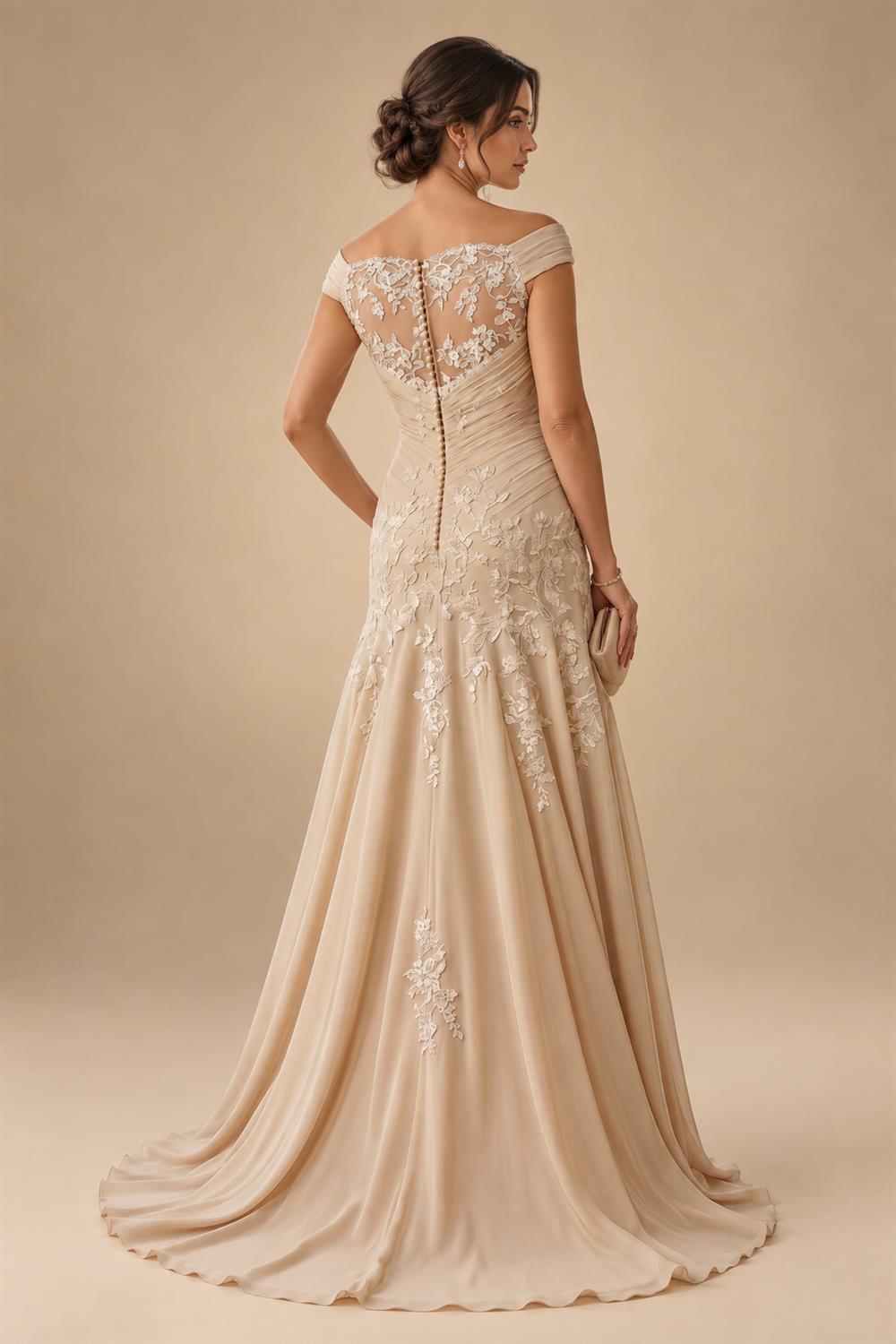 A-Line Metallic Satin Off Shoulder Bow Mother of the Bride & Groom Dresses with Floral Lace Appliques, Ruched Waist & Sweep Train (SHI22500425)