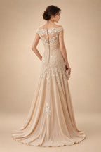 A-Line/Princess Off Shoulder Satin Floor-Length Mother of the Bride & Groom Dresses with 3D Flowers & Sweep Train (SHI22501552)