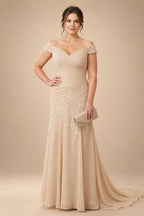 Chiffon Lace A-Line/Princess Off Shoulder Long Mother of the Bride & Groom Dresses with Ruched Waist & Sweep Train (SHI22501250)