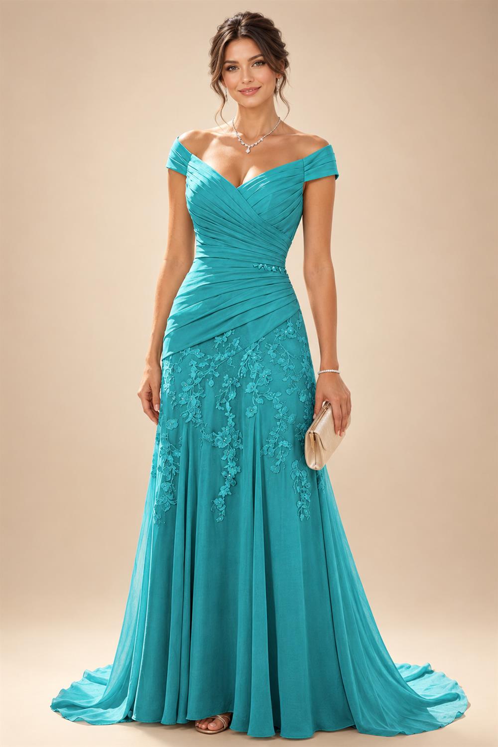 Chiffon Lace A-Line/Princess Off Shoulder Long Mother of the Bride & Groom Dresses with Ruched Waist & Sweep Train (SHI22501250)