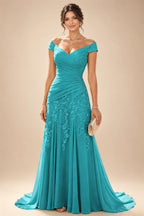 Chiffon Lace A-Line/Princess Off Shoulder Long Mother of the Bride & Groom Dresses with Ruched Waist & Sweep Train (SHI22501250)