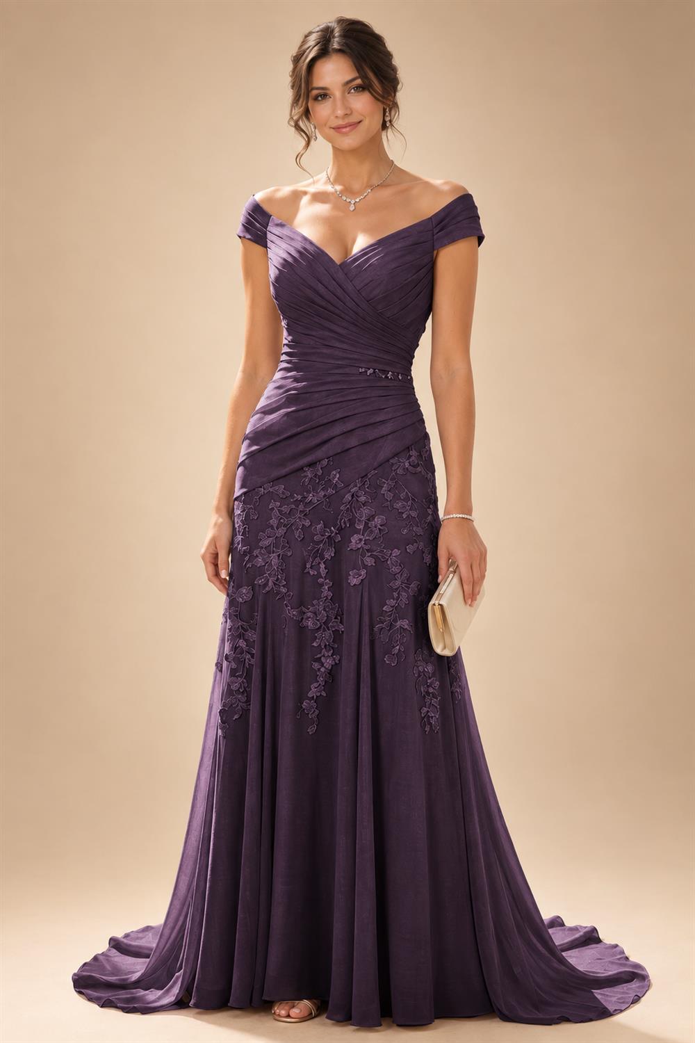 Chiffon Lace A-Line/Princess Off Shoulder Long Mother of the Bride & Groom Dresses with Ruched Waist & Sweep Train (SHI22501250)