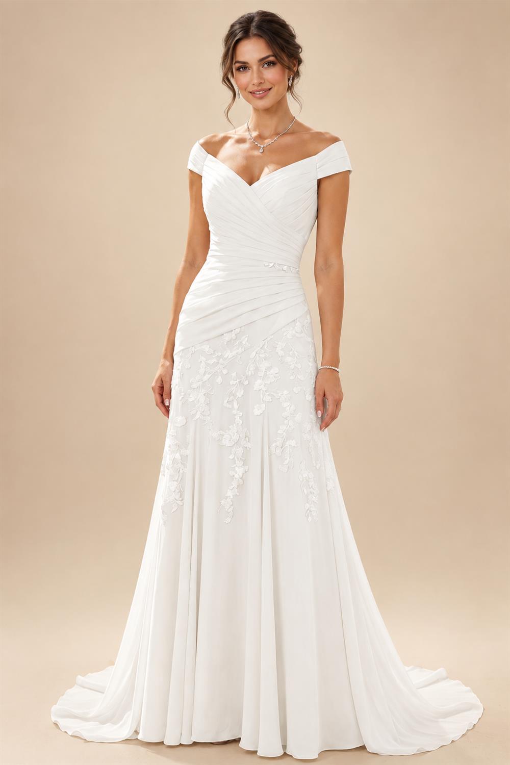 Chiffon Lace A-Line/Princess Off Shoulder Long Mother of the Bride & Groom Dresses with Ruched Waist & Sweep Train (SHI22501250)