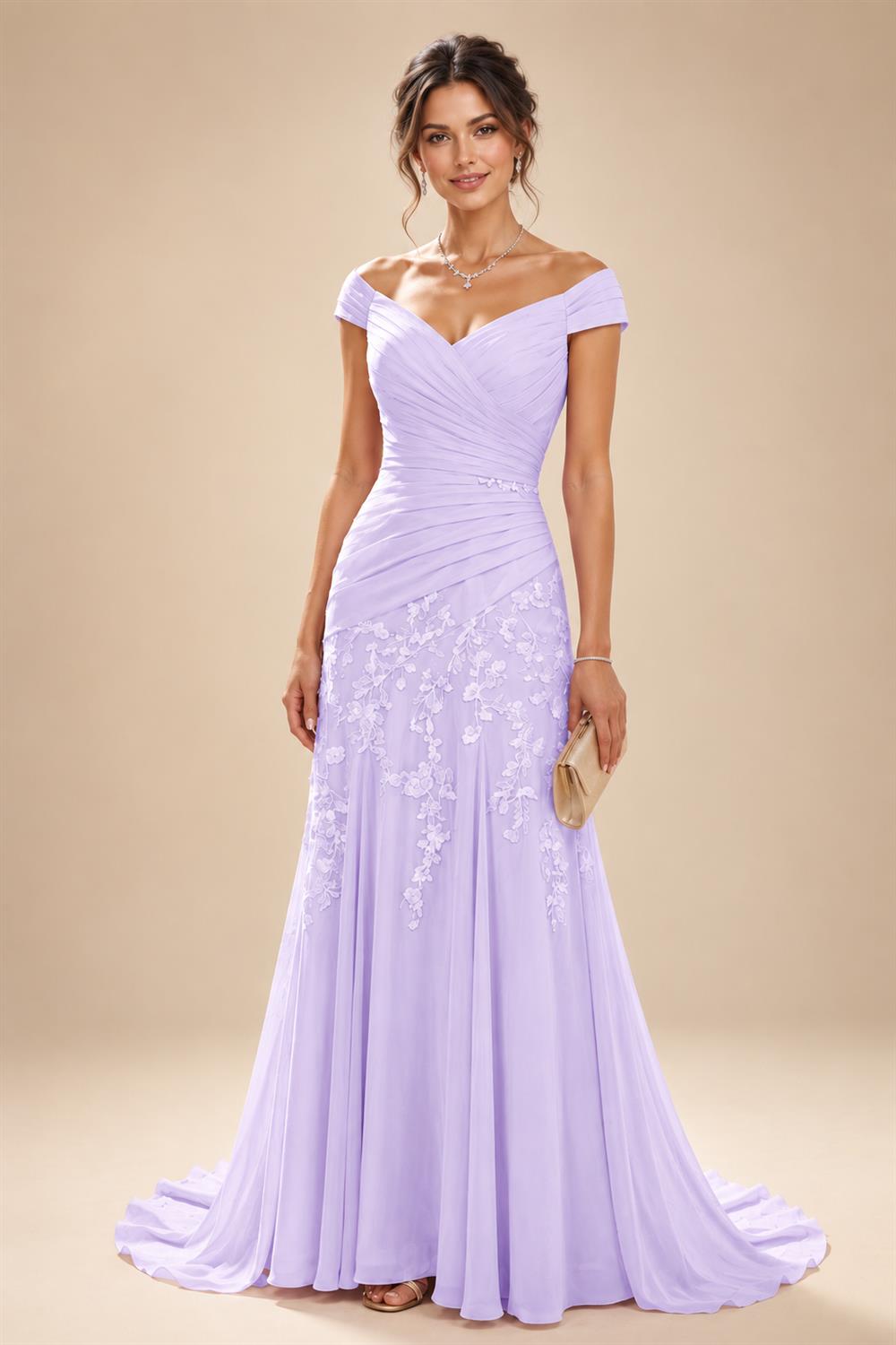 Chiffon Lace A-Line/Princess Off Shoulder Long Mother of the Bride & Groom Dresses with Ruched Waist & Sweep Train (SHI22501250)