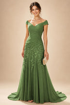 Chiffon Lace A-Line/Princess Off Shoulder Long Mother of the Bride & Groom Dresses with Ruched Waist & Sweep Train (SHI22501250)