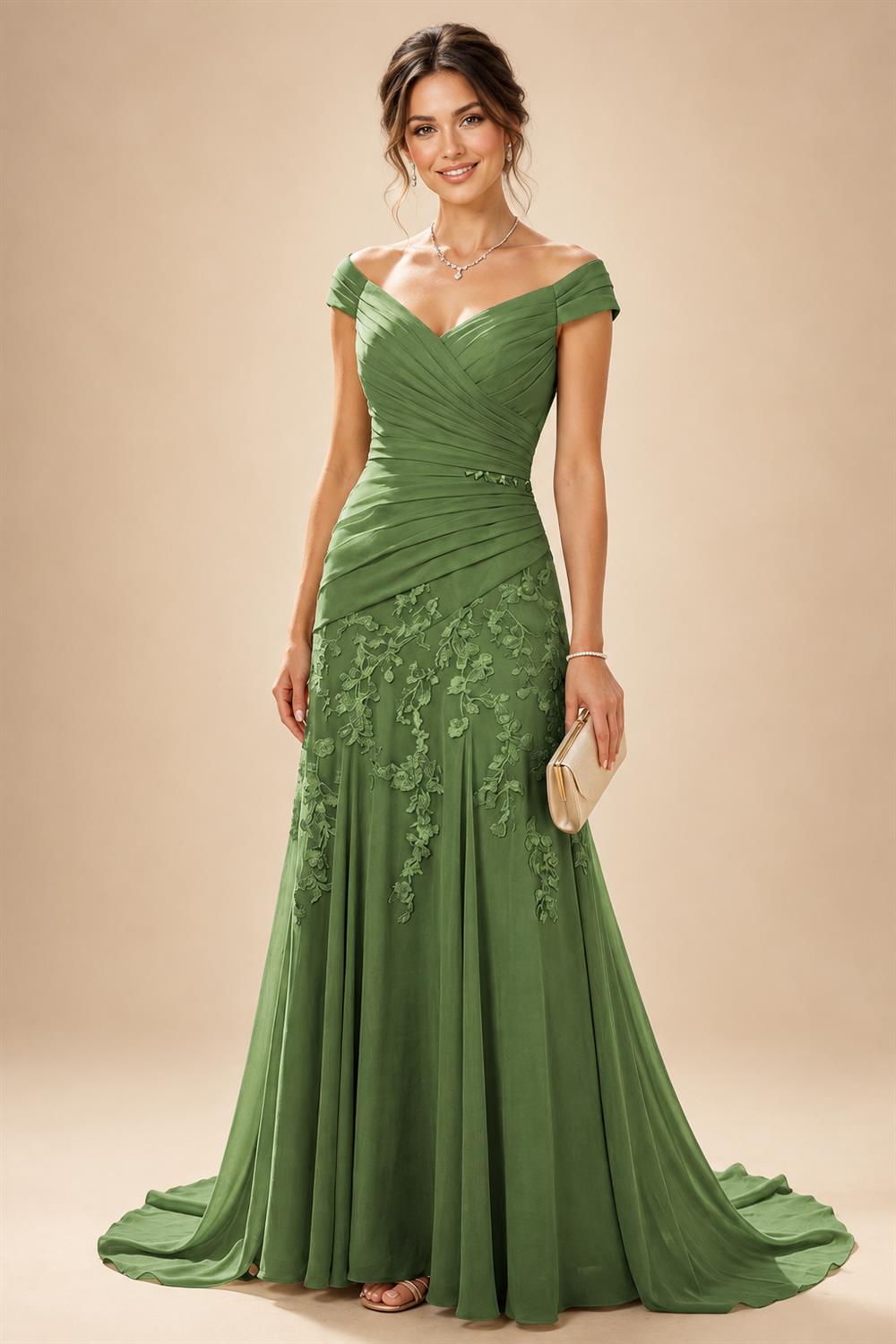 Chiffon Lace A-Line/Princess Off Shoulder Long Mother of the Bride & Groom Dresses with Ruched Waist & Sweep Train (SHI22501250)