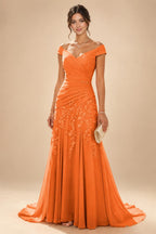 Chiffon Lace A-Line/Princess Off Shoulder Long Mother of the Bride & Groom Dresses with Ruched Waist & Sweep Train (SHI22501250)