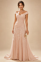 Chiffon Lace A-Line/Princess Off Shoulder Long Mother of the Bride & Groom Dresses with Ruched Waist & Sweep Train (SHI22501250)