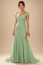 Chiffon Lace A-Line/Princess Off Shoulder Long Mother of the Bride & Groom Dresses with Ruched Waist & Sweep Train (SHI22501250)