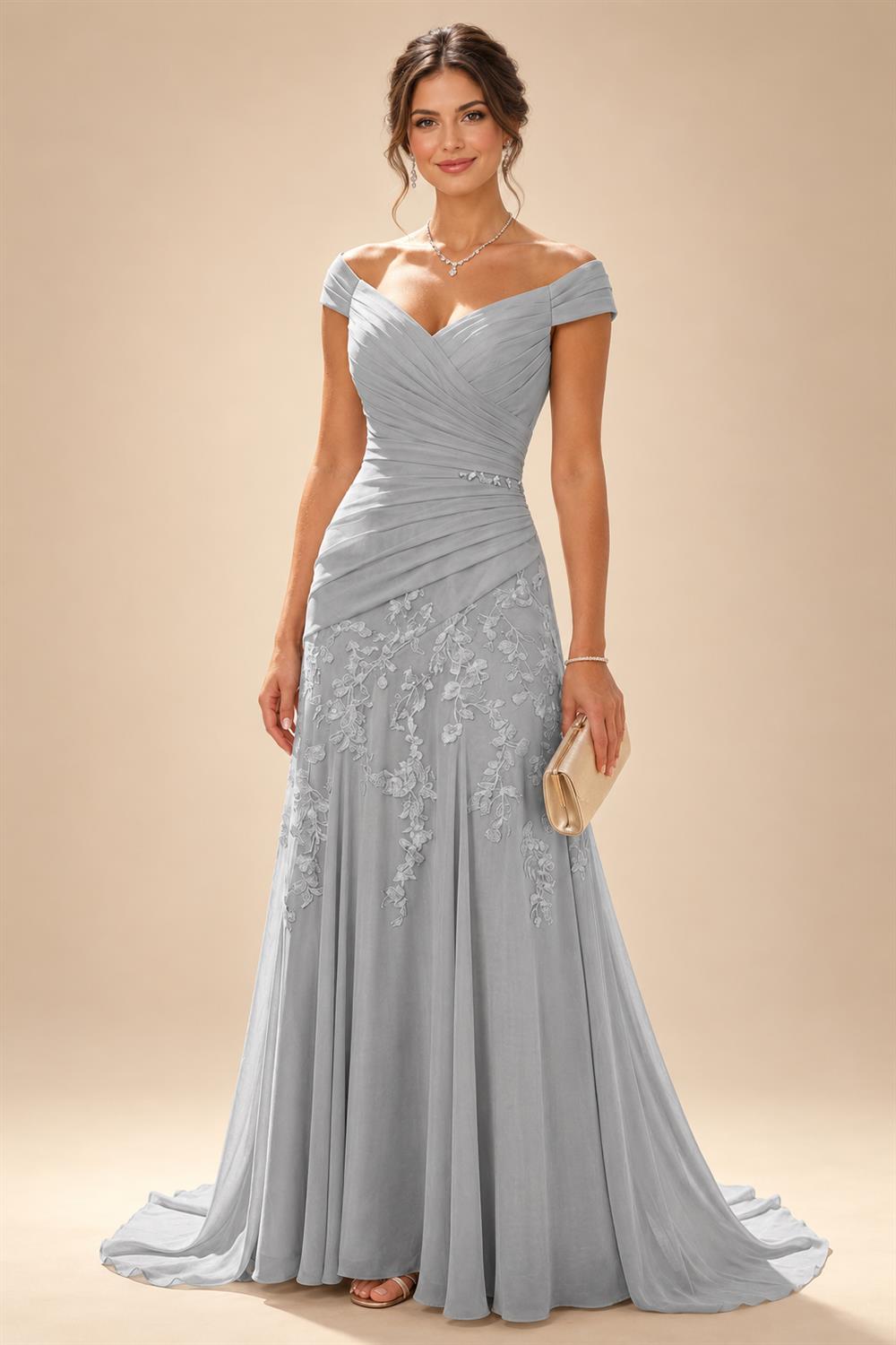 Chiffon Lace A-Line/Princess Off Shoulder Long Mother of the Bride & Groom Dresses with Ruched Waist & Sweep Train (SHI22501250)