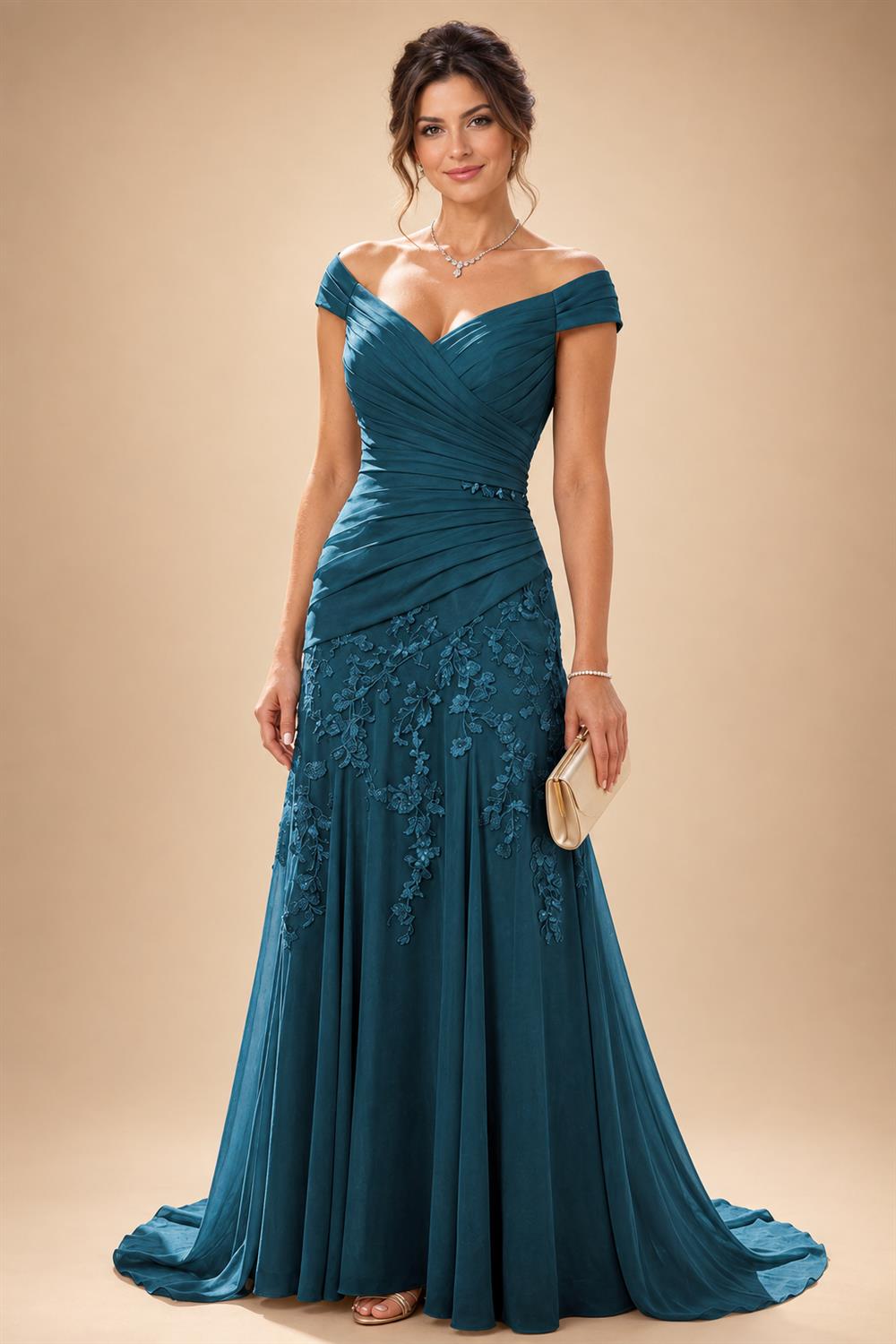 Chiffon Lace A-Line/Princess Off Shoulder Long Mother of the Bride & Groom Dresses with Ruched Waist & Sweep Train (SHI22501250)