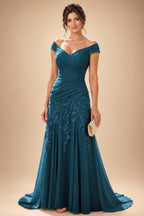 Chiffon Lace A-Line/Princess Off Shoulder Long Mother of the Bride & Groom Dresses with Ruched Waist & Sweep Train (SHI22501250)