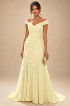 Chiffon Lace A-Line/Princess Off Shoulder Long Mother of the Bride & Groom Dresses with Ruched Waist & Sweep Train (SHI22501250)