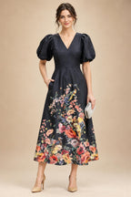 Floral Print A-Line/Princess V-Neck Tea-Length Mother of the Bride & Groom Dresses with Ruched Waist & Pockets (SHI22501150)