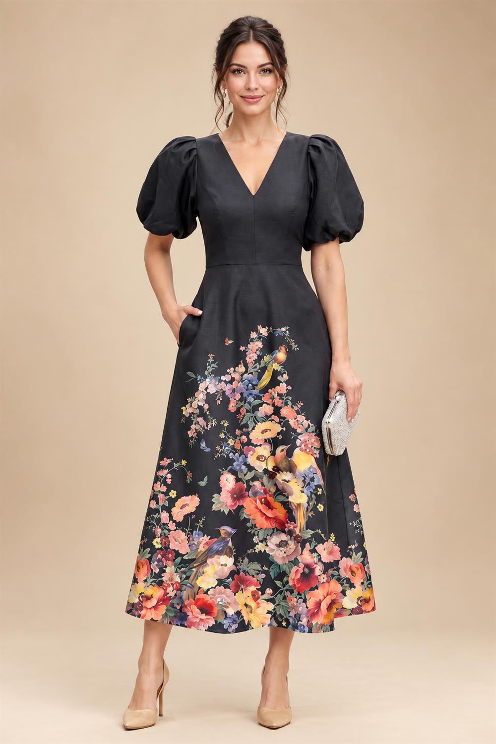 Floral Print A-Line/Princess V-Neck Tea-Length Mother of the Bride & Groom Dresses with Ruched Waist & Pockets (SHI22501150)