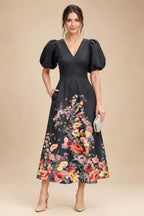 Floral Print A-Line/Princess V-Neck Tea-Length Mother of the Bride & Groom Dresses with Ruched Waist & Pockets (SHI22501150)