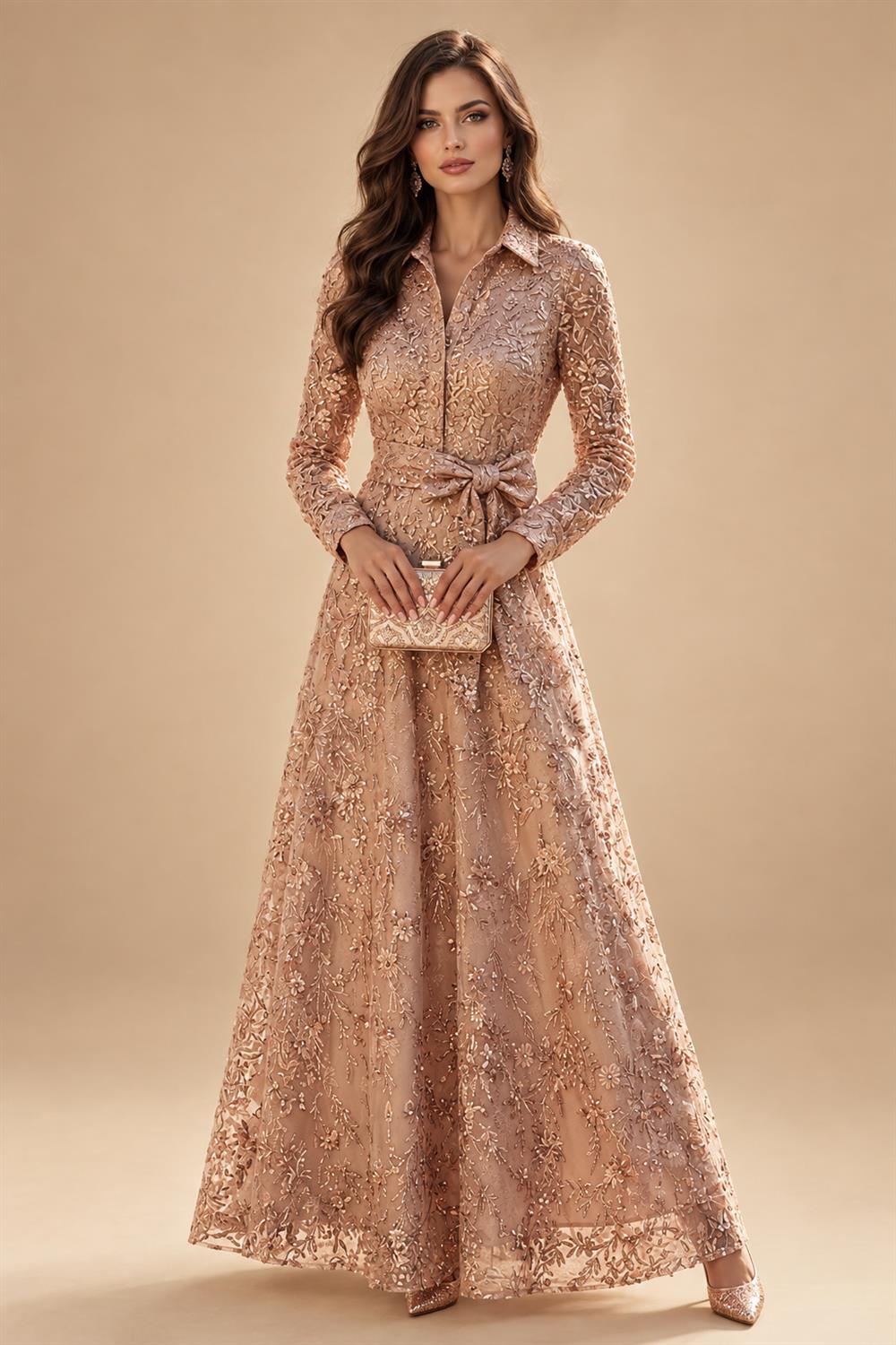 Sequin Floral A-Line/Princess V-Neck Floor-Length Mother of the Bride & Groom Dresses with 3D Flowers & Pleats (SHI22501350)