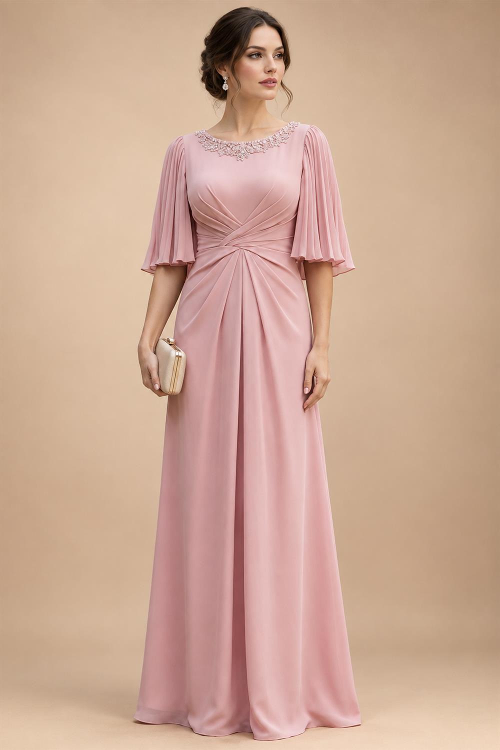 Satin A Line Round Neck Ruched Pleats Mother of the Bride & Groom Dresses (SHI22500952)