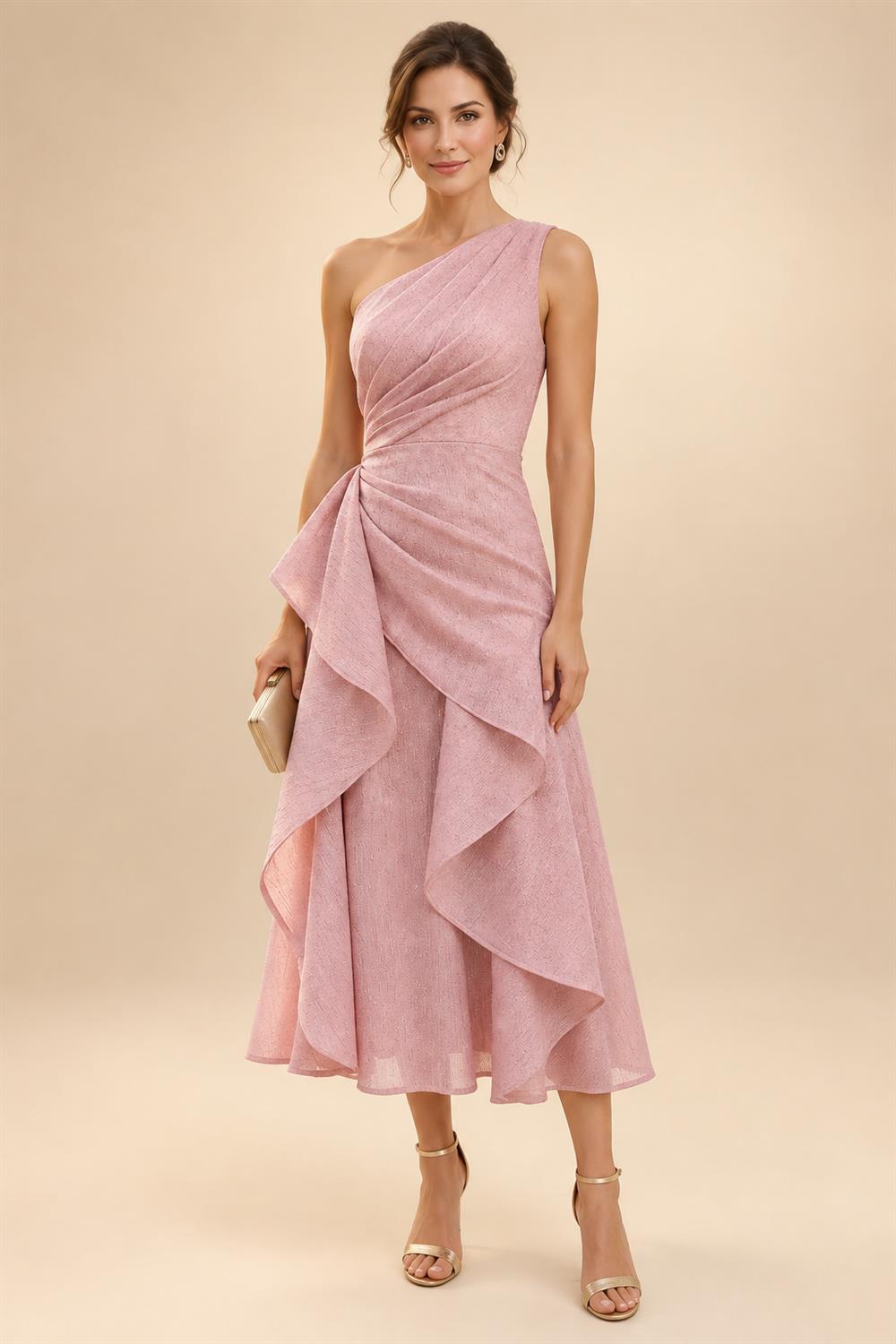 A-Line/Princess One Shoulder Tea-Length Mother of the Bride & Groom Dresses with Ruffles & Ruched Waist (SHI22501283)