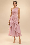 A-Line/Princess One Shoulder Tea-Length Mother of the Bride & Groom Dresses with Ruffles & Ruched Waist (SHI22501283)