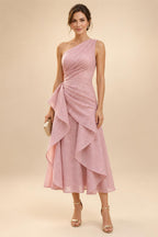 A-Line/Princess One Shoulder Tea-Length Mother of the Bride & Groom Dresses with Ruffles & Ruched Waist (SHI22501283)