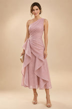 A-Line/Princess Scoop Neck Tea-Length Mother of the Bride & Groom Dresses with Ruffles & Ruched Waist (SHI22501287)