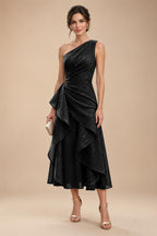 A-Line/Princess One Shoulder Tea-Length Mother of the Bride & Groom Dresses with Ruffles & Ruched Waist (SHI22501283)