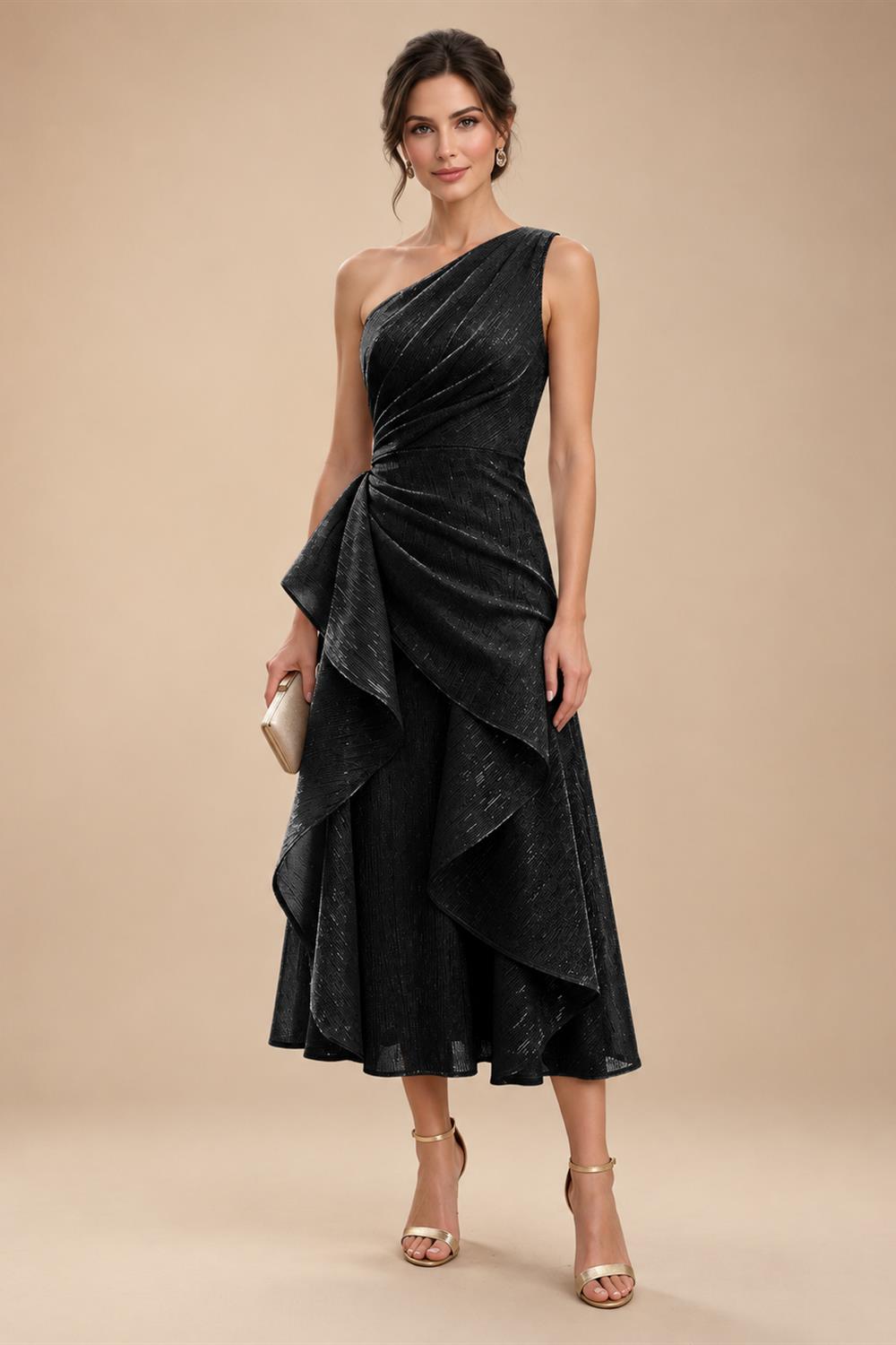 A-Line/Princess One Shoulder Tea-Length Mother of the Bride & Groom Dresses with Ruffles & Ruched Waist (SHI22501283)