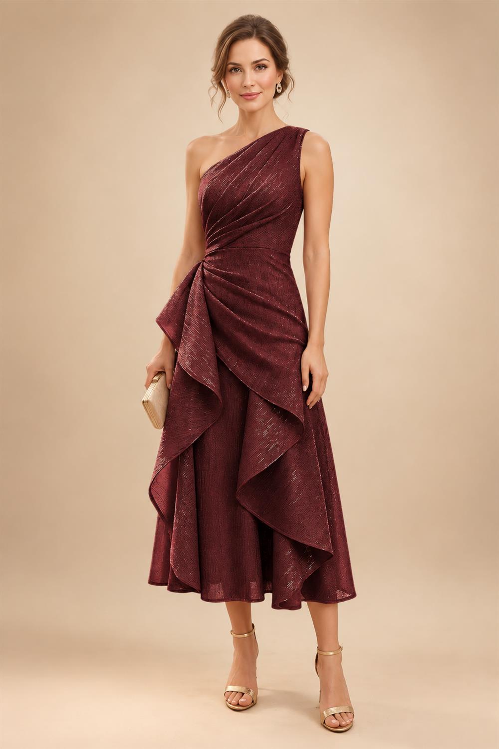 A-Line/Princess One Shoulder Tea-Length Mother of the Bride & Groom Dresses with Ruffles & Ruched Waist (SHI22501283)