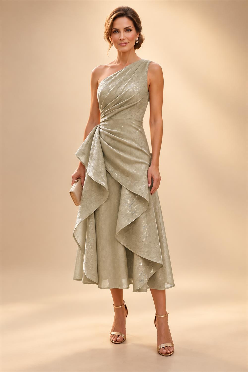 A-Line/Princess One Shoulder Tea-Length Mother of the Bride & Groom Dresses with Ruffles & Ruched Waist (SHI22501283)