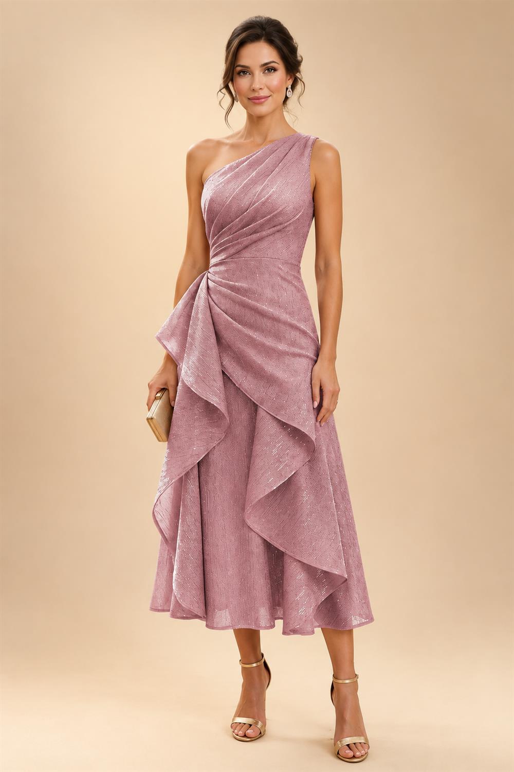 A-Line/Princess One Shoulder Tea-Length Mother of the Bride & Groom Dresses with Ruffles & Ruched Waist (SHI22501283)