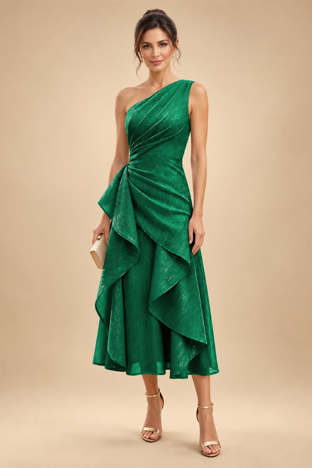 A-Line/Princess One Shoulder Tea-Length Mother of the Bride & Groom Dresses with Ruffles & Ruched Waist (SHI22501283)