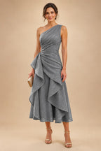 A-Line/Princess One Shoulder Tea-Length Mother of the Bride & Groom Dresses with Ruffles & Ruched Waist (SHI22501283)