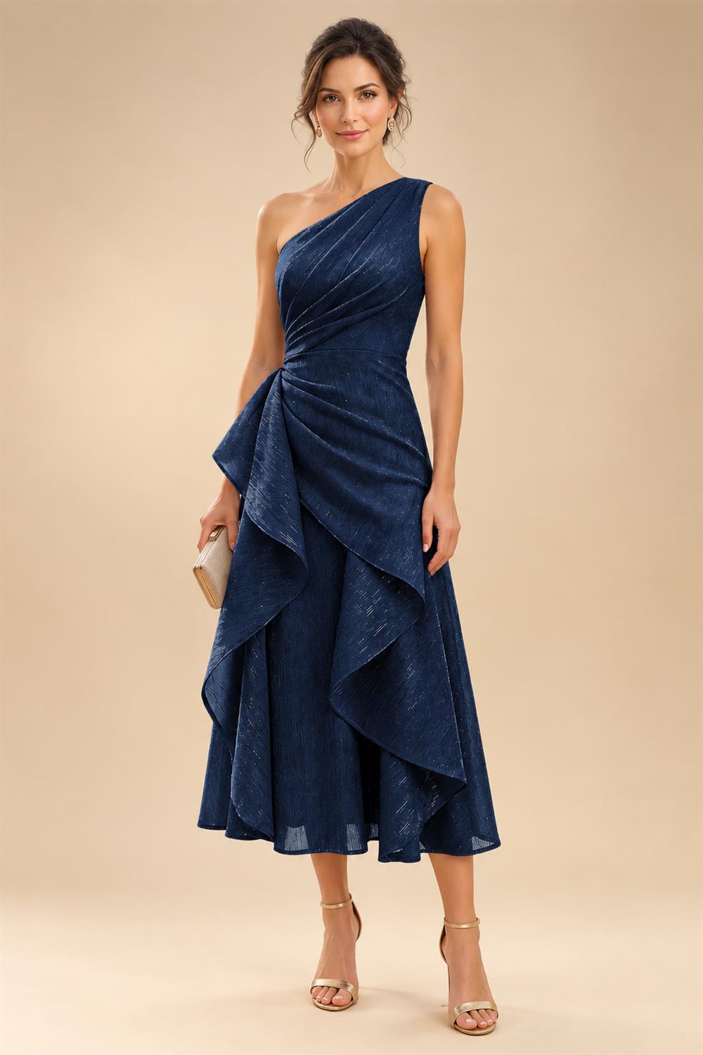 A-Line/Princess One Shoulder Tea-Length Mother of the Bride & Groom Dresses with Ruffles & Ruched Waist (SHI22501283)