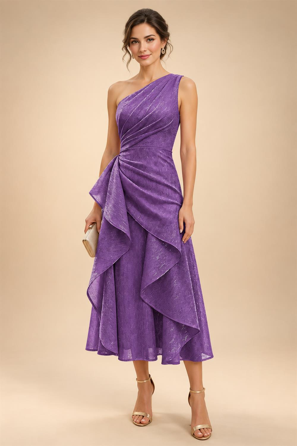 A-Line/Princess One Shoulder Tea-Length Mother of the Bride & Groom Dresses with Ruffles & Ruched Waist (SHI22501283)