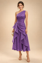 A-Line/Princess One Shoulder Tea-Length Mother of the Bride & Groom Dresses with Ruffles & Ruched Waist (SHI22501283)