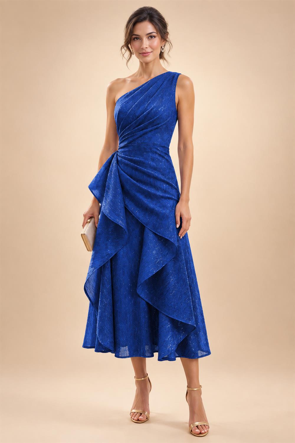 A-Line/Princess One Shoulder Tea-Length Mother of the Bride & Groom Dresses with Ruffles & Ruched Waist (SHI22501283)